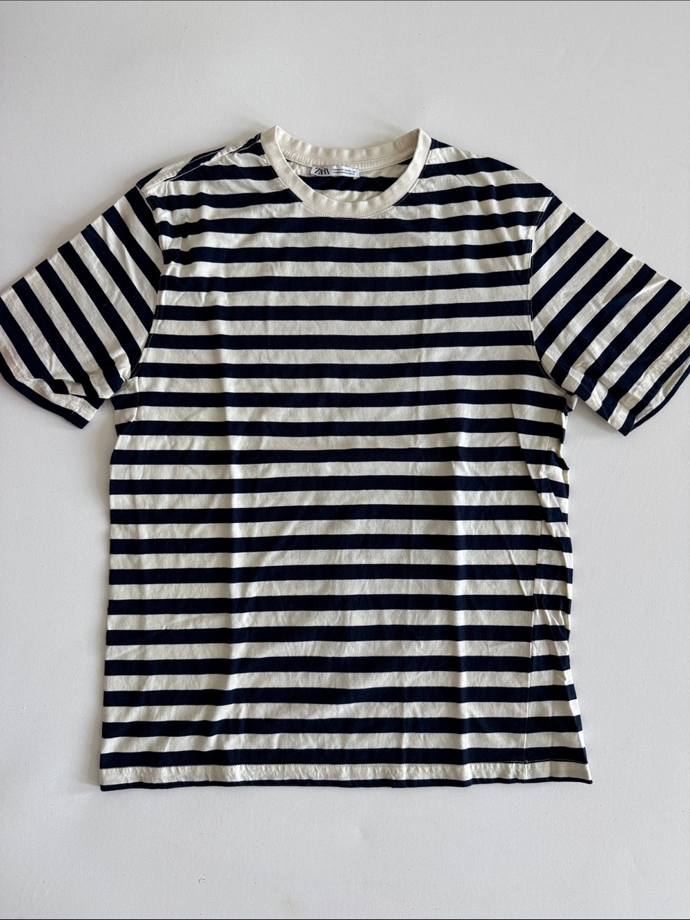 Zara Navy and White Striped Short-Sleeve Tee